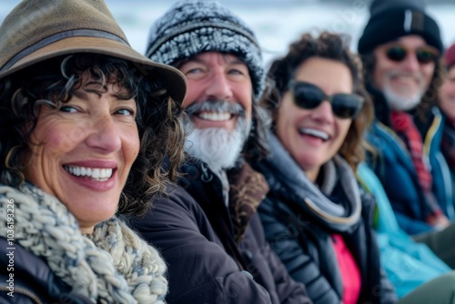 Group of happy senior friends having fun on the beach in winter.