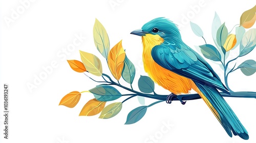  A blue-and-yellow bird perched on a leafy branch of a green tree