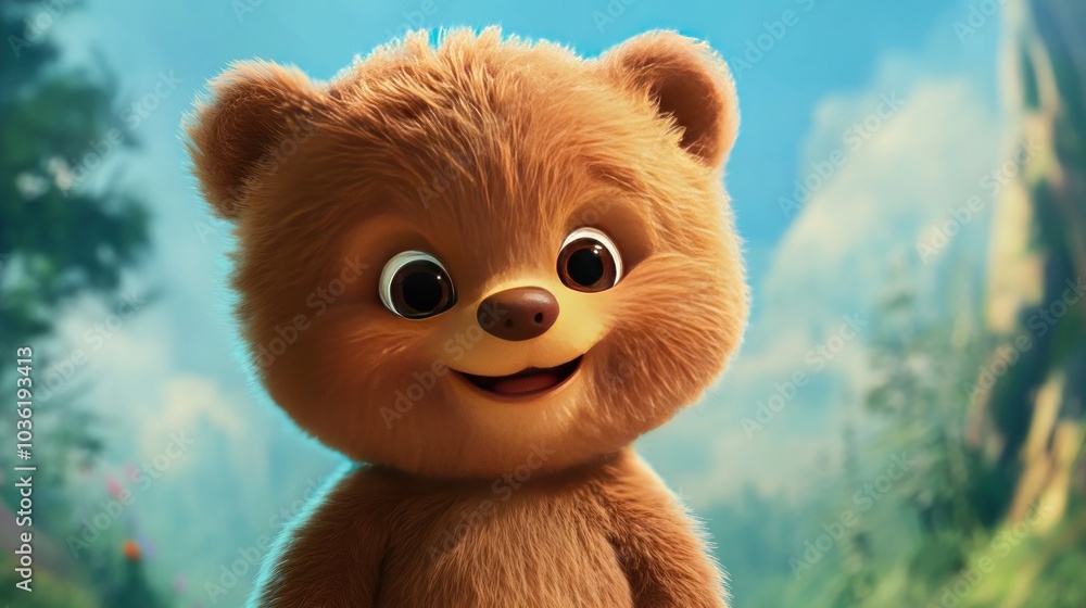 Adorable cartoon brown bear with big eyes and a friendly smile, against a blurred background of green trees and mountains. Adorable cartoon brown bear with big eyes and a friendly smile, against a blurred background of green trees and mountains.