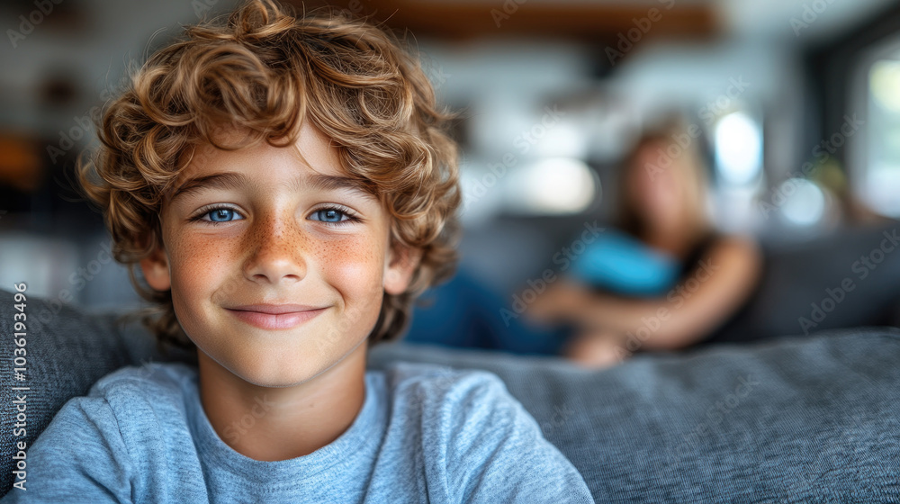 A cheerful boy with curly hair smiles brightly while seated on a couch, enjoying a cozy moment with family in the background A cheerful boy with curly hair smiles brightly while seated on a couch, enjoying a cozy moment with family in the background