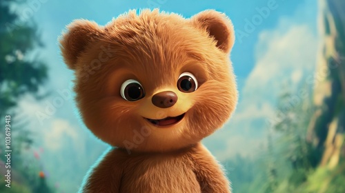 Adorable cartoon brown bear with big eyes and a friendly smile, against a blurred background of green trees and mountains.