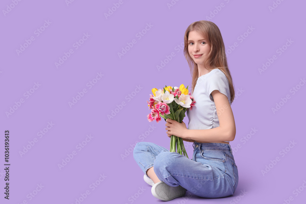 Pretty young woman with bouquet of beautiful tulips sitting against lilac background Pretty young woman with bouquet of beautiful tulips sitting against lilac background