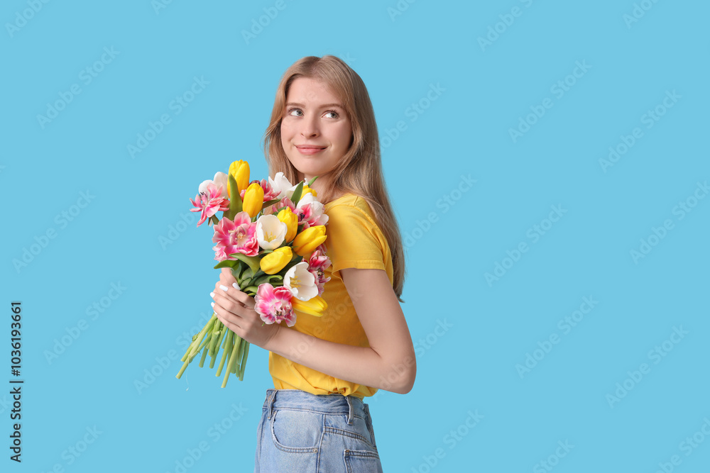 Pretty young woman with bouquet of beautiful tulips on blue background Pretty young woman with bouquet of beautiful tulips on blue background