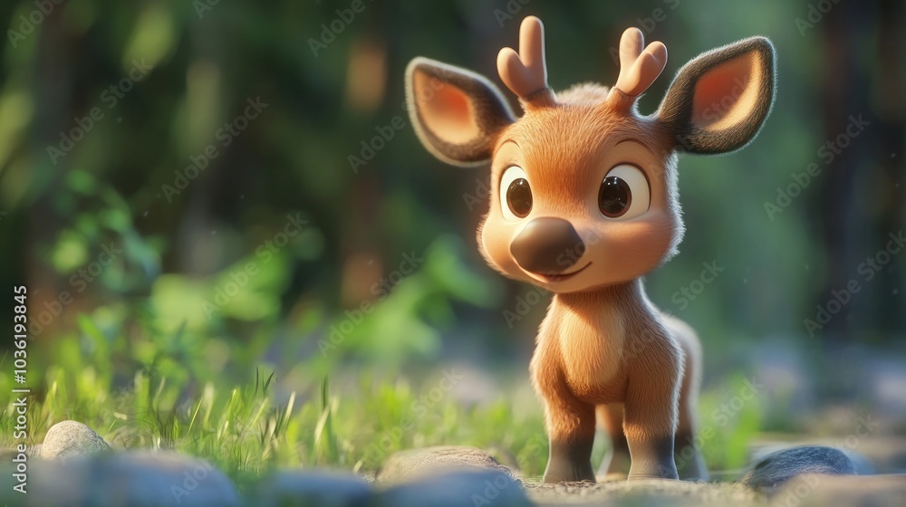 Adorable cartoon deer fawn with big brown eyes standing in a forest clearing. Adorable cartoon deer fawn with big brown eyes standing in a forest clearing.