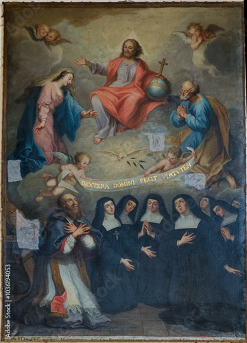 2024-10-16, Avallon, FRANCE. Painting (19th century), of apotheosis of St. Francis de Sales and St. Jane Frances de Chantal.