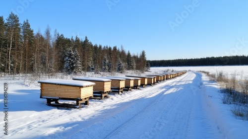 Wallpaper Mural Snow-covered beehives line a quiet path in a serene winter forest, surrounded by trees shimmering with frost Torontodigital.ca