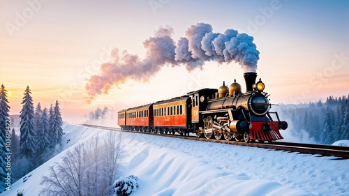 steam locomotive train passing snow-covered fir trees in winter forest