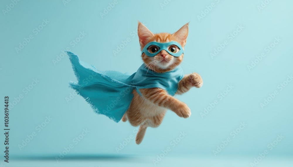 Obraz premium Adorable orange kitten in a blue cape and mask flying against a light background
