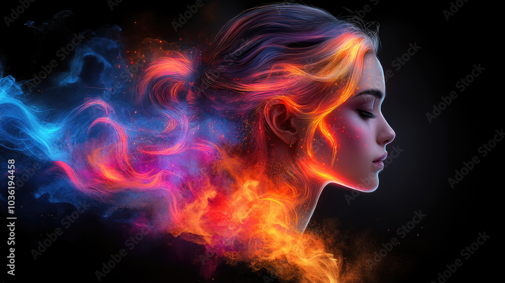 A woman's profile is adorned with flowing, colorful hair and ethereal flames, creating a mesmerizing visual against a dark backdrop A woman's profile is adorned with flowing, colorful hair and ethereal flames, creating a mesmerizing visual against a dark backdrop
