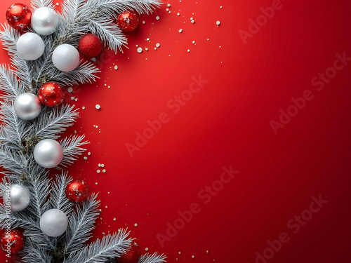 Red and silver Christmas wreath on left side with red background for copy space photo