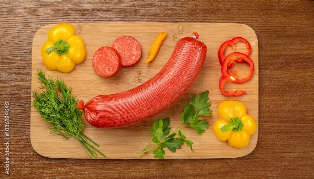 Spicy paprika sausage on a rustic cutting board Spicy paprika sausage on a rustic cutting board