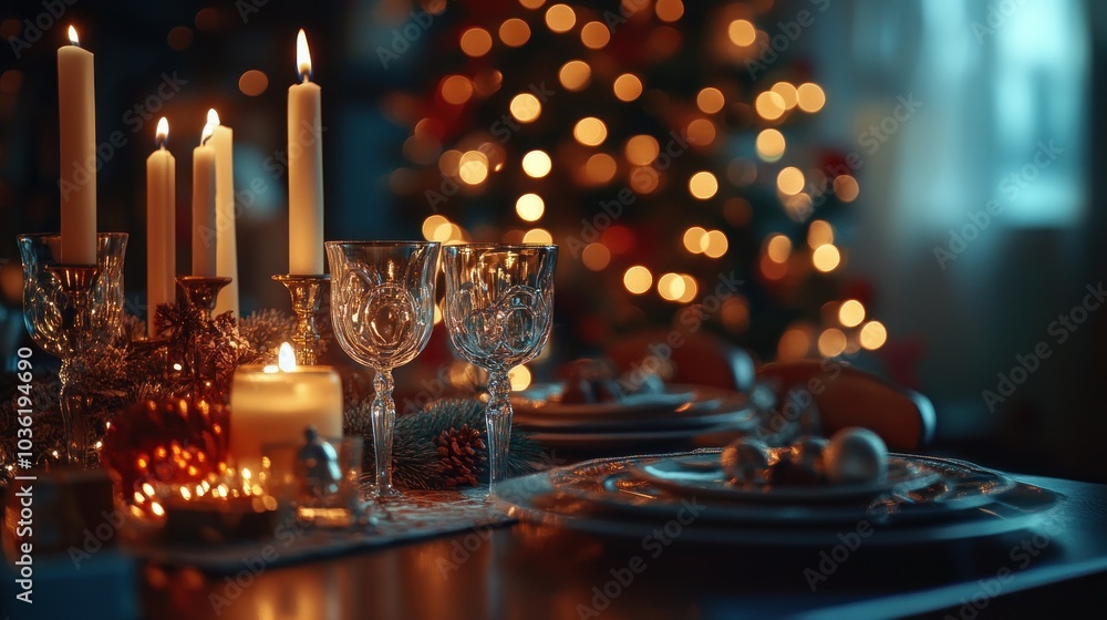 A festive dining table set with candles, crystal glasses, and a Christmas tree in the background. A festive dining table set with candles, crystal glasses, and a Christmas tree in the background.