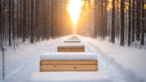 Snow-covered beehives line a quiet path in a serene winter forest, surrounded by trees shimmering with frost