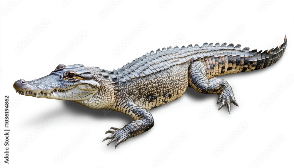 Crocodile resting on a white background, showcasing its detailed textures and colors Crocodile resting on a white background, showcasing its detailed textures and colors