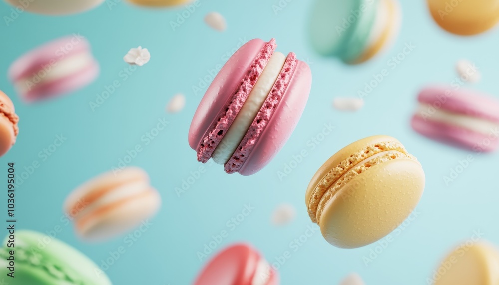 Colorful macarons floating against a blue background in a creative dessert display Colorful macarons floating against a blue background in a creative dessert display