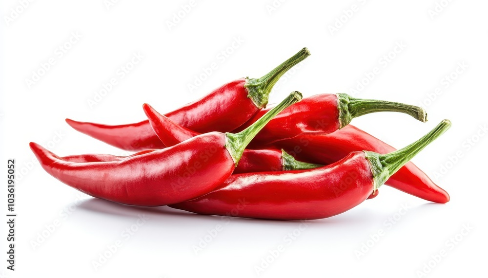 Fresh red chili peppers arranged artfully on a white background for culinary use Fresh red chili peppers arranged artfully on a white background for culinary use