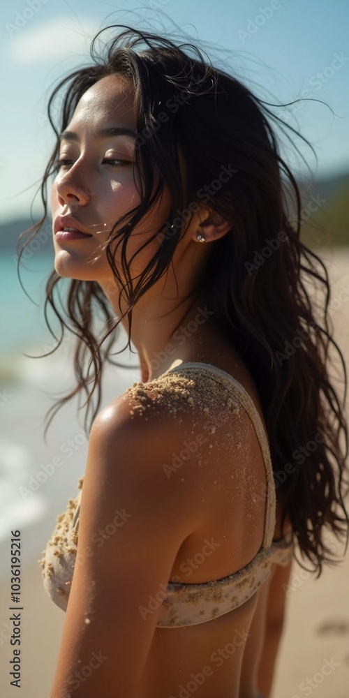 Brunette woman stands by ocean or sea, enjoying sun and surf while wearing a stylish swimsuit, highlighting relaxed beach atmosphere. Beautiful young face. Advertisement for travel or clothes. AI. Brunette woman stands by ocean or sea, enjoying sun and surf while wearing a stylish swimsuit, highlighting relaxed beach atmosphere. Beautiful young face. Advertisement for travel or clothes. AI.