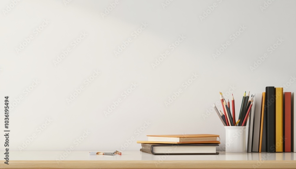 Fototapeta premium Organized workspace with books and stationery on a clean desk in bright daylight