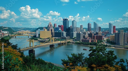 A cityscape with a famous bridge, an iconic landmark connecting different parts of the city