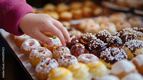 Child's hand reaching for colorful sufganiyot donuts on display during hanukkah celebration, sweet holiday treats concept photo