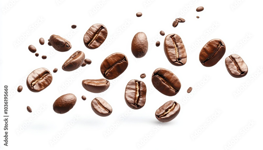 Floating coffee beans showcasing their rich texture against a white background Floating coffee beans showcasing their rich texture against a white background