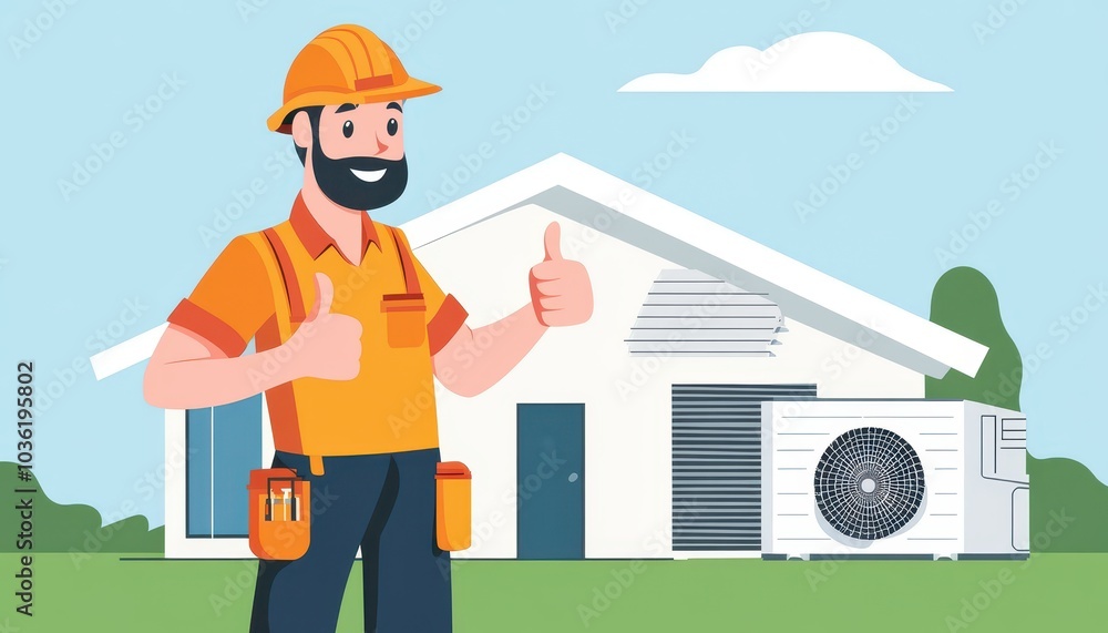 Air conditioning technician giving a thumbs up in front of a residential home Air conditioning technician giving a thumbs up in front of a residential home