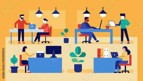 Varied Work Stations An office environment featuring different types of workstations such as standing desks traditional desks and lounge areas for group collaboration.