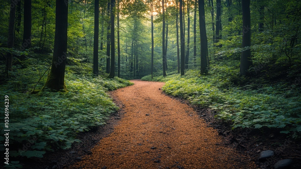 Obraz premium Serene forest pathway, gentle illumination, sparse foliage, inviting tranquility, nature's embrace, peaceful exploration, enchanting solitude