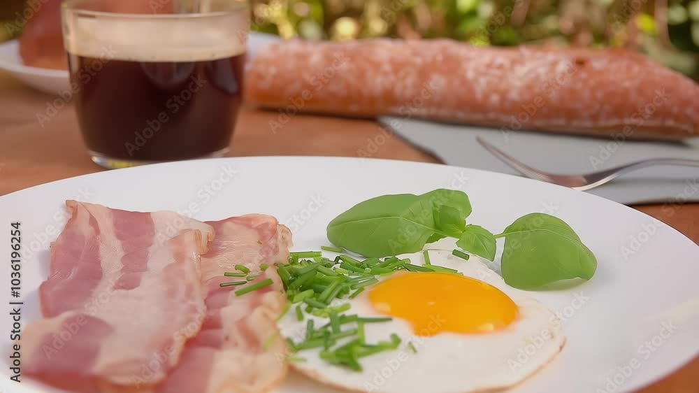 Close-up of the white plate with fried bacon and eggs. Cup of coffee on the background. English breakfast. High quality 4k footage Close-up of the white plate with fried bacon and eggs. Cup of coffee on the background. English breakfast. High quality 4k footage