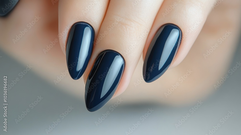 A close-up of elegantly manicured nails painted in a glossy dark blue shade.