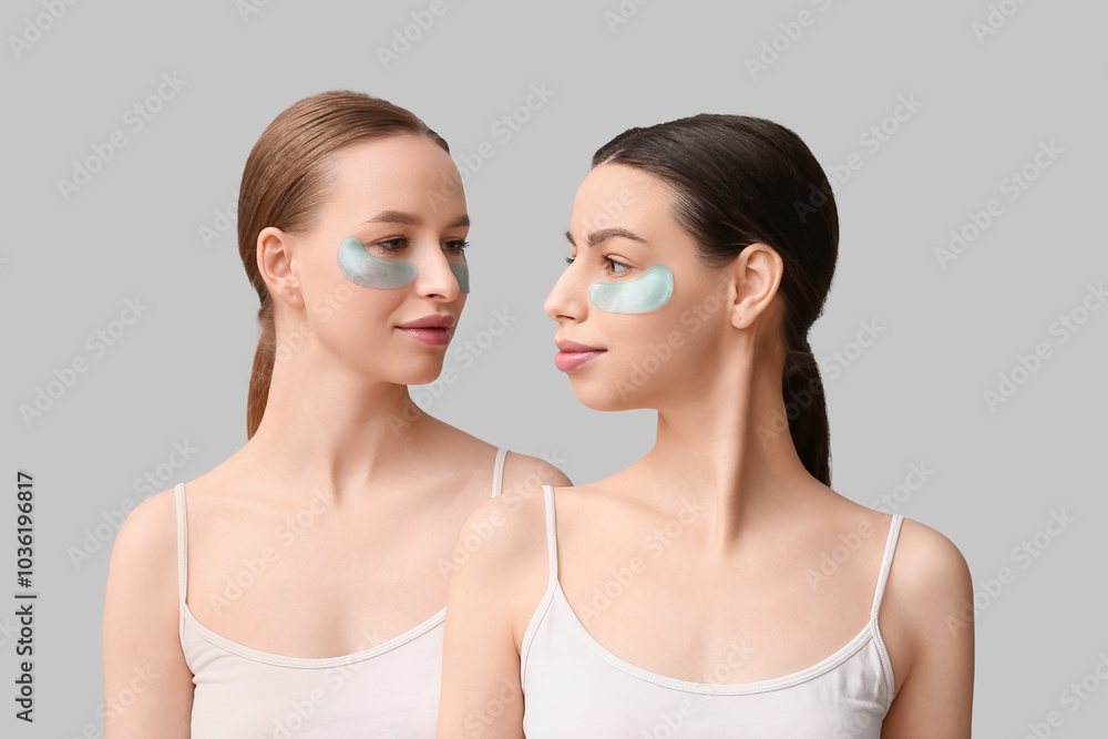 Beautiful young woman with healthy skin and under-eye patches on grey background Beautiful young woman with healthy skin and under-eye patches on grey background