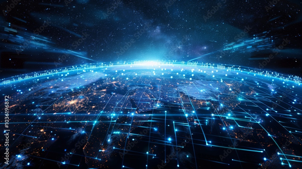 Digital world with a grid of data lines showing global telecommunication and IoT Digital world with a grid of data lines showing global telecommunication and IoT