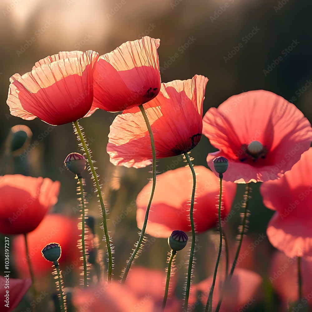 Obraz premium Lovely red poppies shine brightly in golden sunlight image