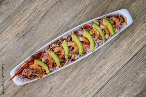 Overhead view of delicious looking shrimp mixto cerviche for an excellent Mexcian seafood meal photo