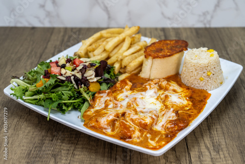 Bild auf Leinwand Delicious looking shrimp dish smothered in cheese served with rice and french fr