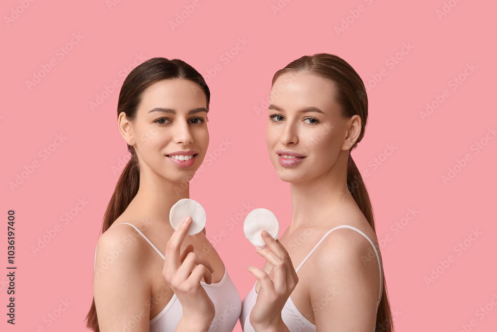 Beautiful young happy women with healthy skin and cotton pads on pink background Beautiful young happy women with healthy skin and cotton pads on pink background