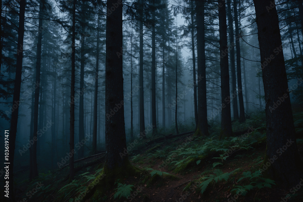 In a forest in the mountains on a foggy night In a forest in the mountains on a foggy night