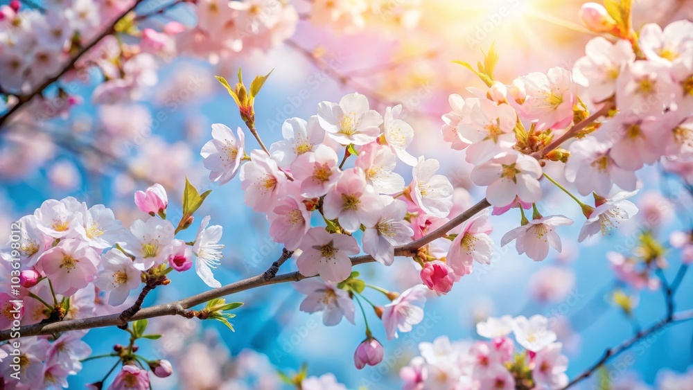 Cherry tree blossoms blooming under blue sky with sun shining through branches Cherry tree blossoms blooming under blue sky with sun shining through branches