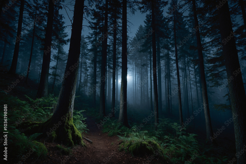Forest in the mountains at night is foggy Forest in the mountains at night is foggy