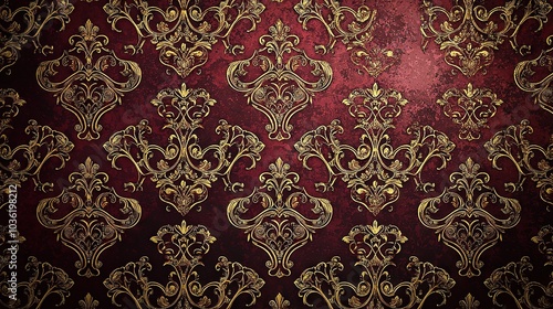  Red and gold wallpaper featuring a gold floret and swirl pattern on a solid red backdrop