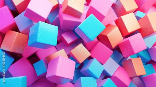 A vibrant abstract background of colorful cubes in blue, pink, and orange hues.