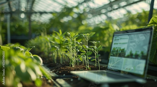 A laptop sits in a greenhouse amongst rows of small plants, showing that technology plays a role in modern agriculture.