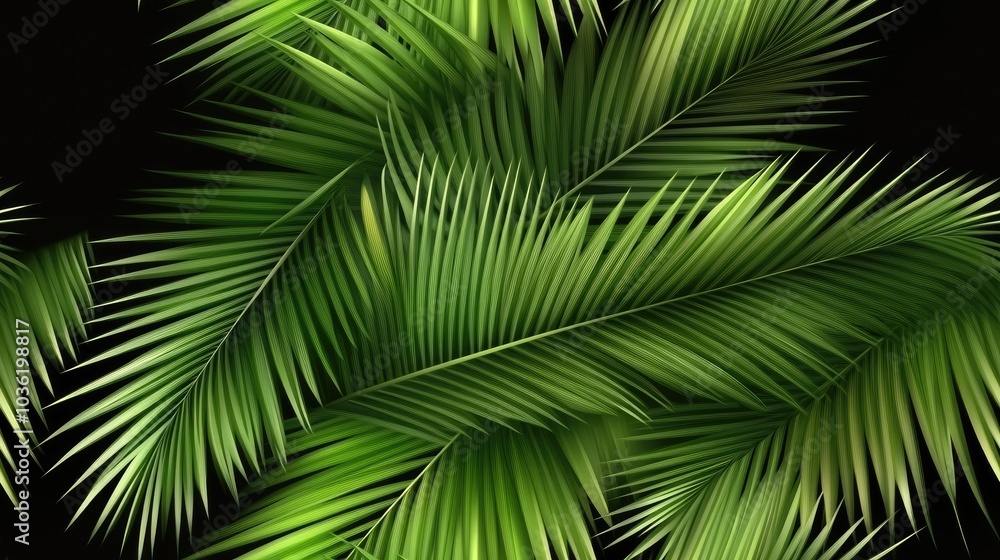A vibrant arrangement of green palm leaves creating a seamless tropical pattern set against a contrasting black background A vibrant arrangement of green palm leaves creating a seamless tropical pattern set against a contrasting black background