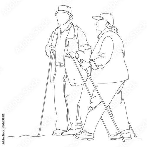 Elderly couple at nordic walking activity. Continuous one line drawing. Black and white vector illustration in line art style.
