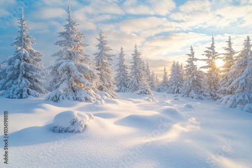 Wallpaper Mural Beautiful landscape with snow covered fir trees and snowdrifts.Merry Christmas and happy New Year greeting background with copy-space.Winter fairytale , ai Torontodigital.ca