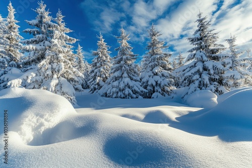 Beautiful landscape with snow covered fir trees and snowdrifts.Merry Christmas and happy New Year greeting background with copy-space.Winter fairytale , ai