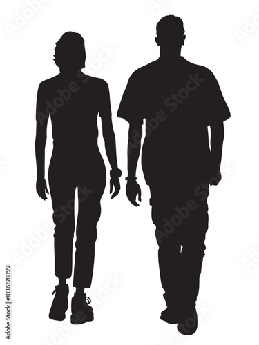Silhouette of couple man and woman walking away. Black items isolated on white background.