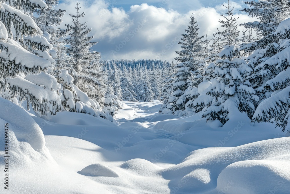 Naklejka premium Beautiful landscape with snow covered fir trees and snowdrifts.Merry Christmas and happy New Year greeting background with copy-space.Winter fairytale , ai