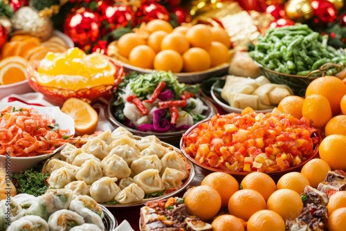 Colorful and abundant feast for Chinese New Year celebration photo