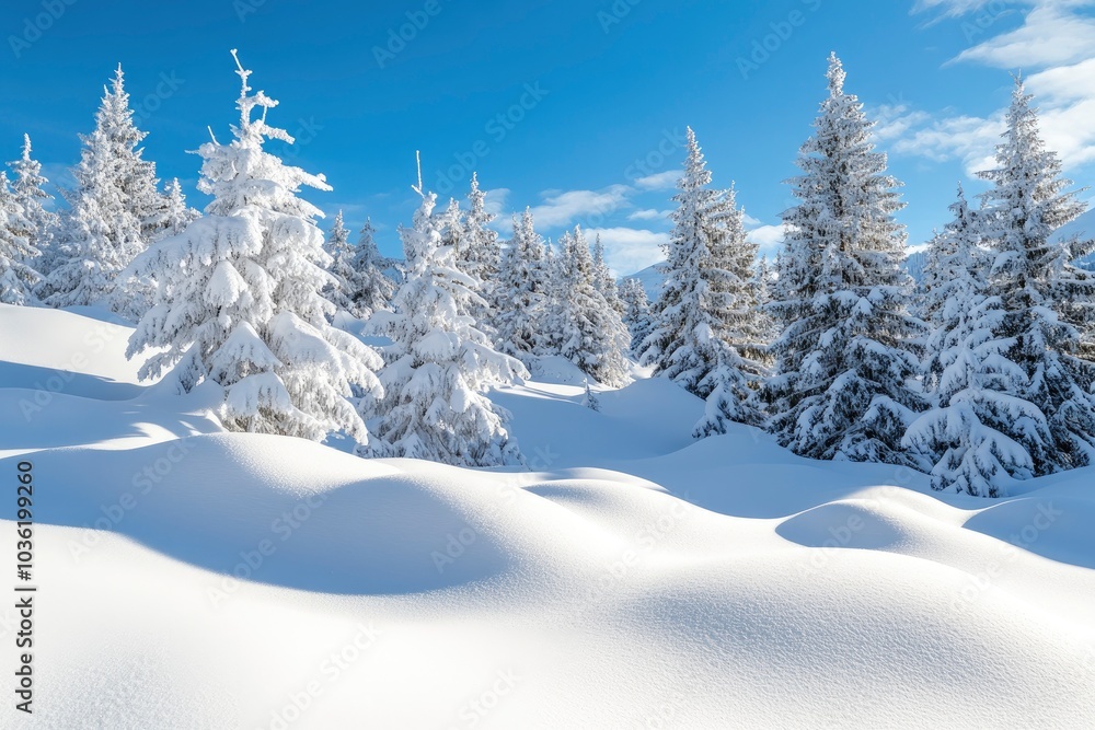 Obraz premium Beautiful landscape with snow covered fir trees and snowdrifts.Merry Christmas and happy New Year greeting background with copy-space.Winter fairytale , ai